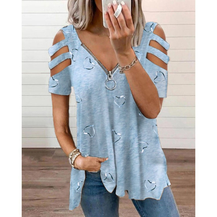 Solid Color Tops Fashion Zipper V Neck 3/4 Sleeves Elegant  Casual  Blouses & Shirts