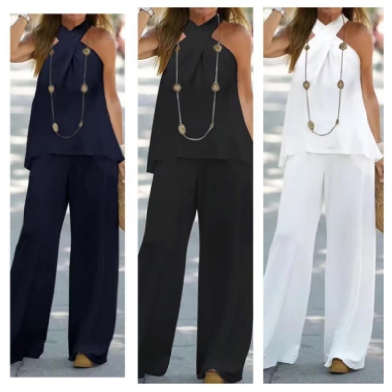 Elegant Women's Sexy Top + Pants Neck Hanging Solid Color Sleeveless Office 2-Piece Set