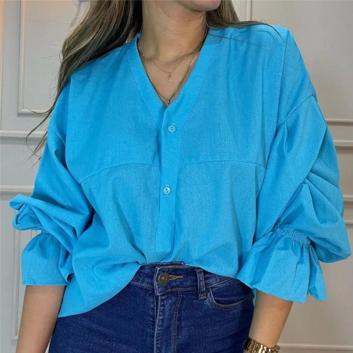 Simple Casual Solid Color V Neck Loose Office Blouses & Shirts
