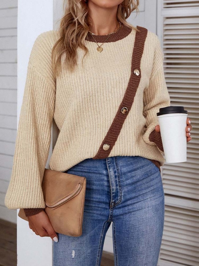 Women's Fashion Pullover Lantern Sleeves Thick Warm Casual Knitted Sweater