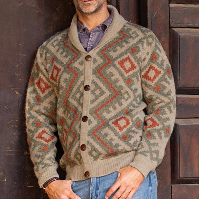 Casual Men's Jacket Button Lapel Vintage Pattern Jacquard Knit Cardigan