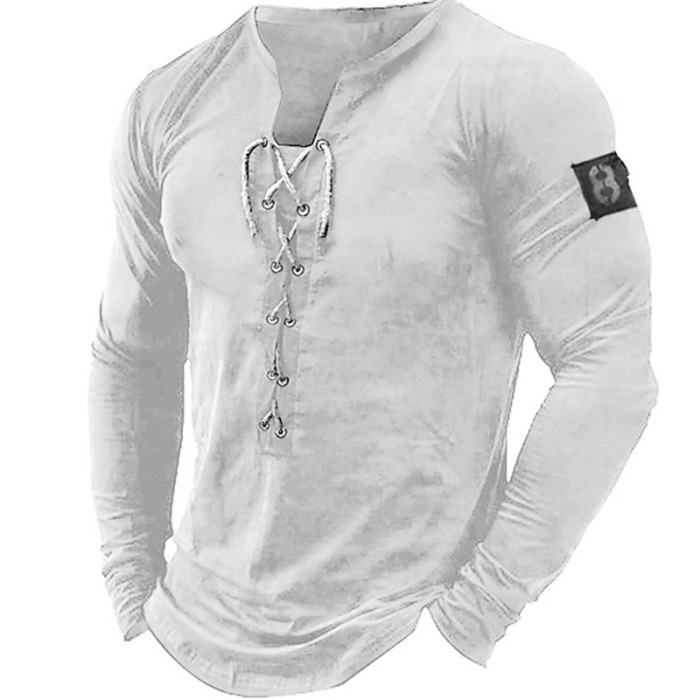 Fashion Men's Casual Loose Lace Up Vintage Solid Color Drawstring T Shirts