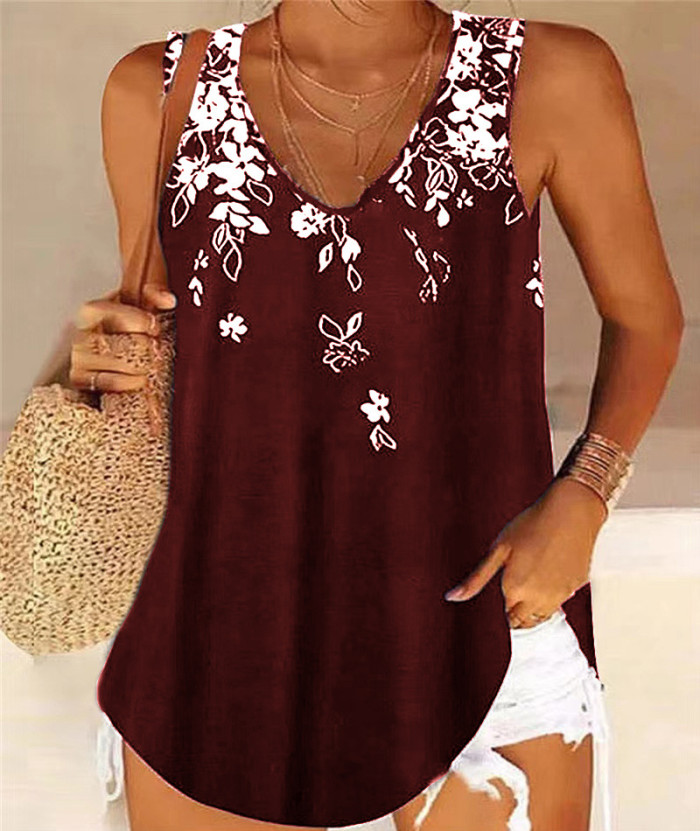 Elegant Women's Loose  Cotton Loose V Neck Printed Casual Sleeveless Camisole Top