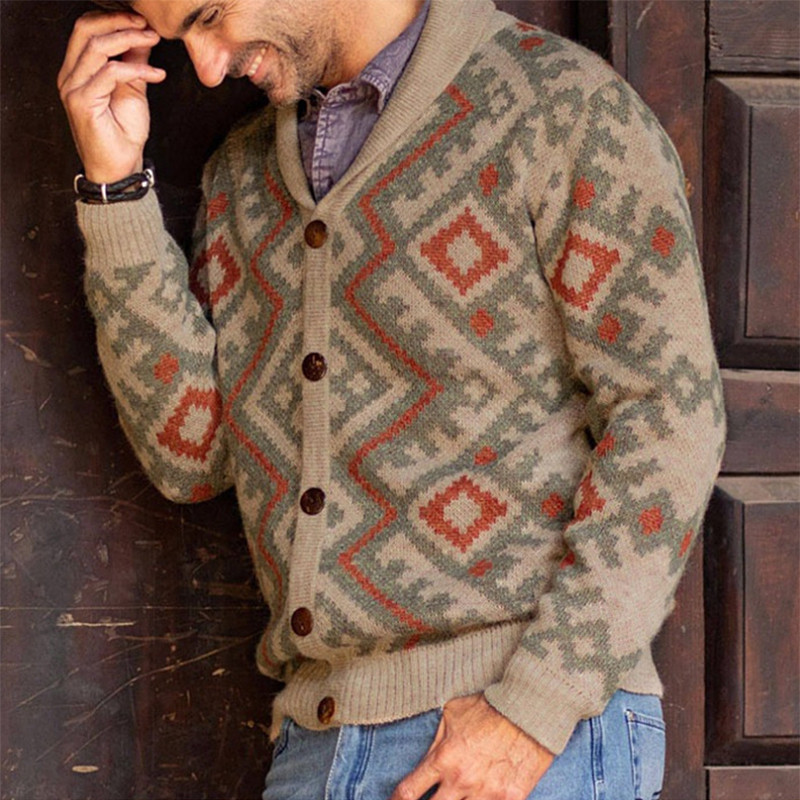 Casual Men's Jacket Button Lapel Vintage Pattern Jacquard Knit Cardigan