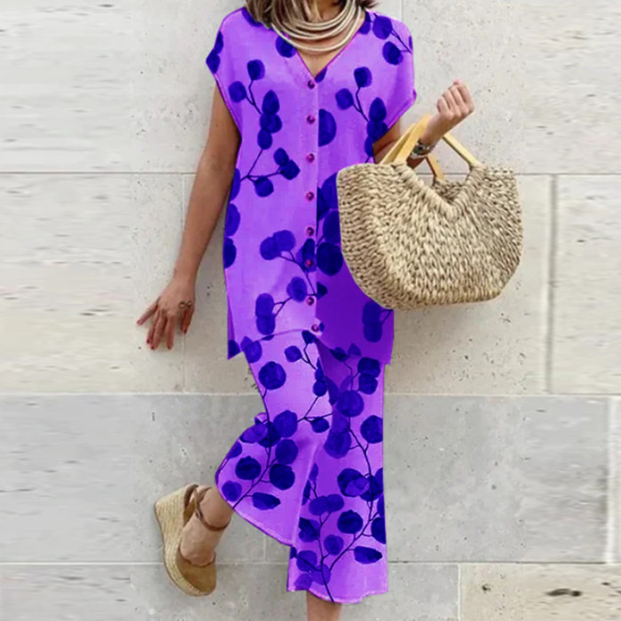 Casual Short Sleeve Fashion Pattern Print Beach Summer V Neck Loose Two Pieces Suit