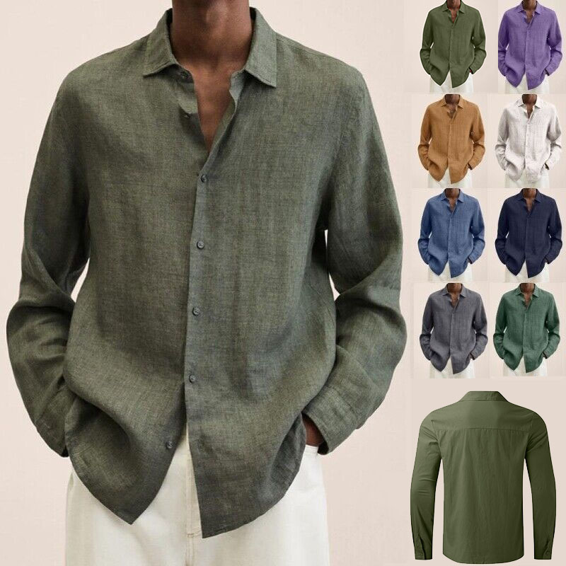 Fashion Men's Long Sleeve Cotton Solid Color Lapel Collar Loose Blouse & Shirts