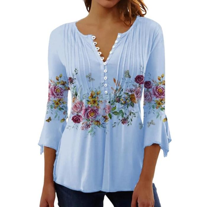 Trendy Floral Print Trendy V Neck 3/4 Sleeve Elegant Casual Chic Blouses & Shirts