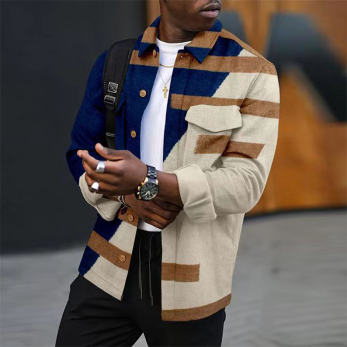 Vintage Geometric Stripe Fashion Loose Lapel Coat Button Down Men's Jacke