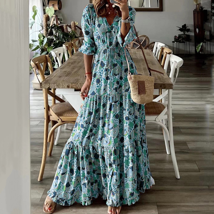 Women Floral Print Casual V-Neck Half Sleeve Loose Vintage Bohemian Beach Maxi Dress
