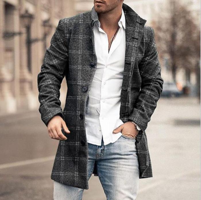 Men's Fashion Casual Stand Collar Mid Pocket Casual Wool Coat