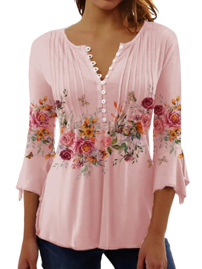 Trendy Floral Print Trendy V Neck 3/4 Sleeve Elegant Casual Chic Blouses & Shirts
