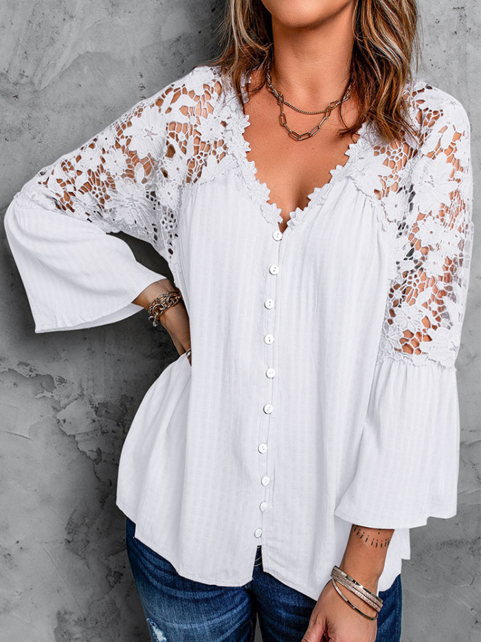 Fashion Elegant Summer Tops Lace Long Sleeve Hollow Out Blouses & Shirts