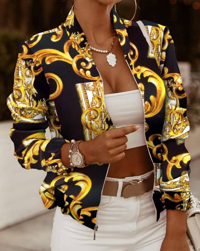 Women's Stand Collar Long Sleeve Fashion Bohemian Print Zipper Top Jacket