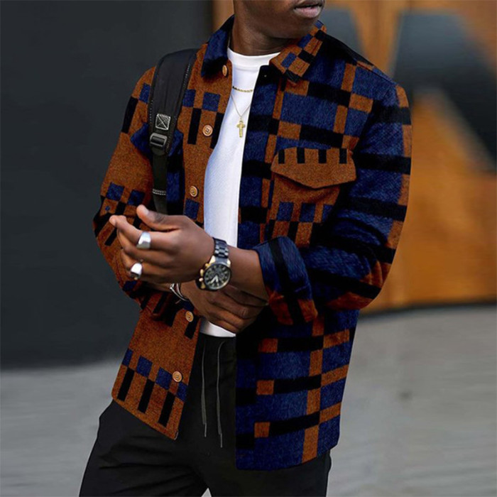 Vintage Geometric Stripe Fashion Loose Lapel Coat Button Down Men's Jacke