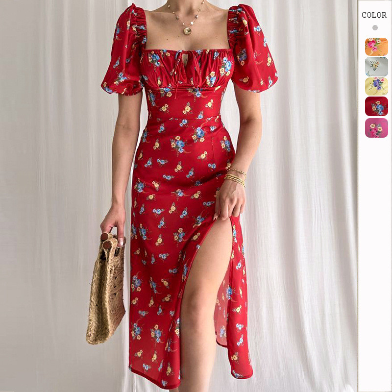 Elegant Summer Printed Slim Strap Hollow Square Neck  Midi Dress