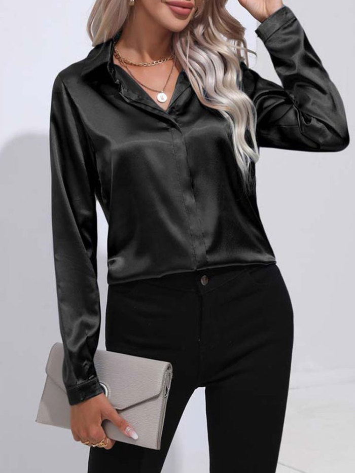 Fashion Satin V Neck Long Sleeve Office Loose Blouses & Shirts