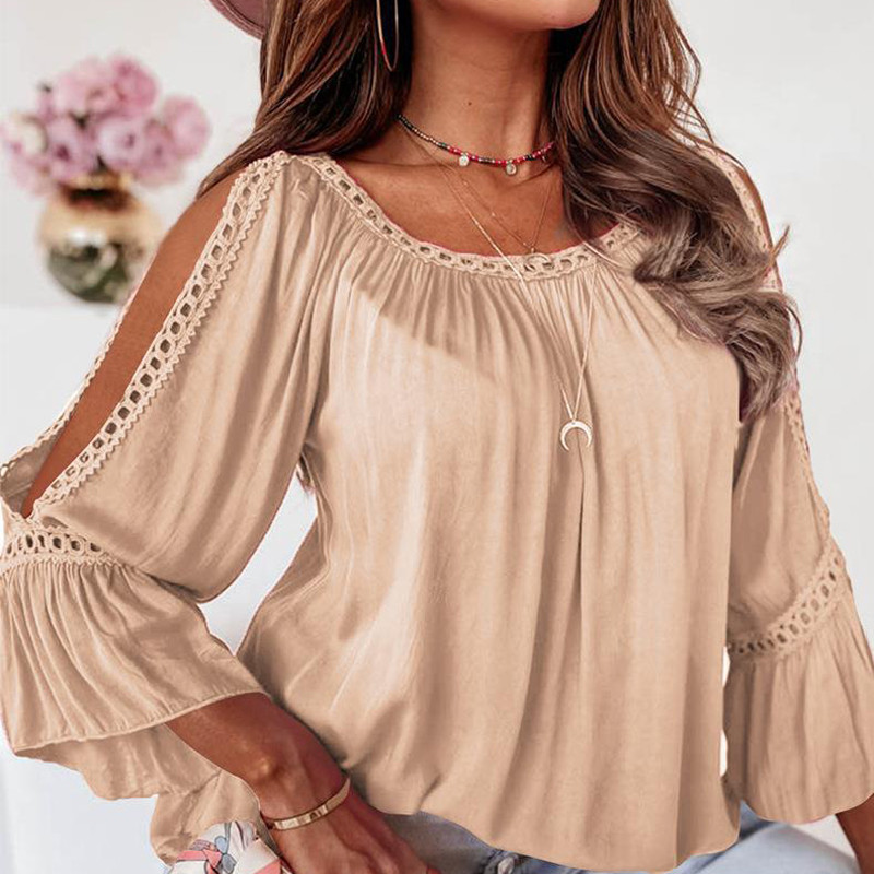 Sexy Round Neck Loose Hollow Ruffles Office Butterfly Sleeve Blouse