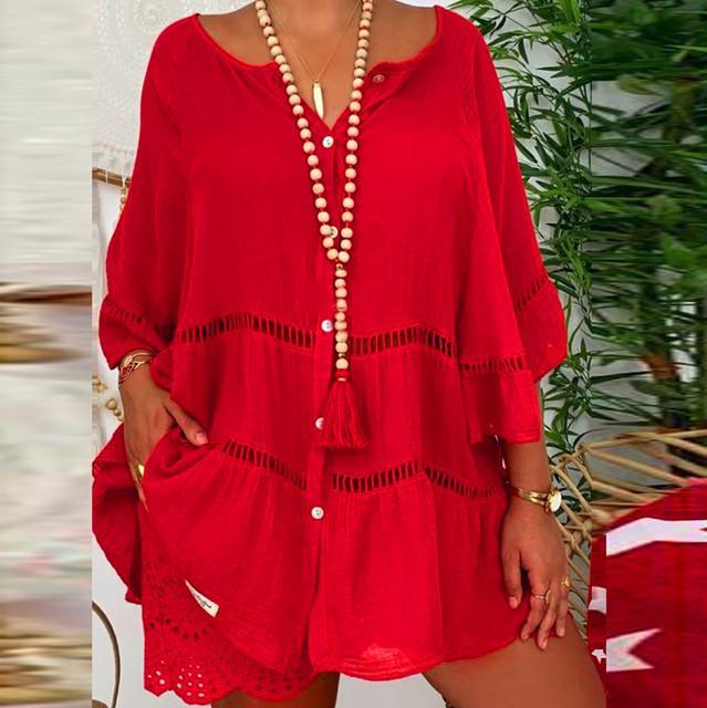Women's Cotton Linen Cutout 3/4 Long Sleeve V Neck Blouses & Shirts