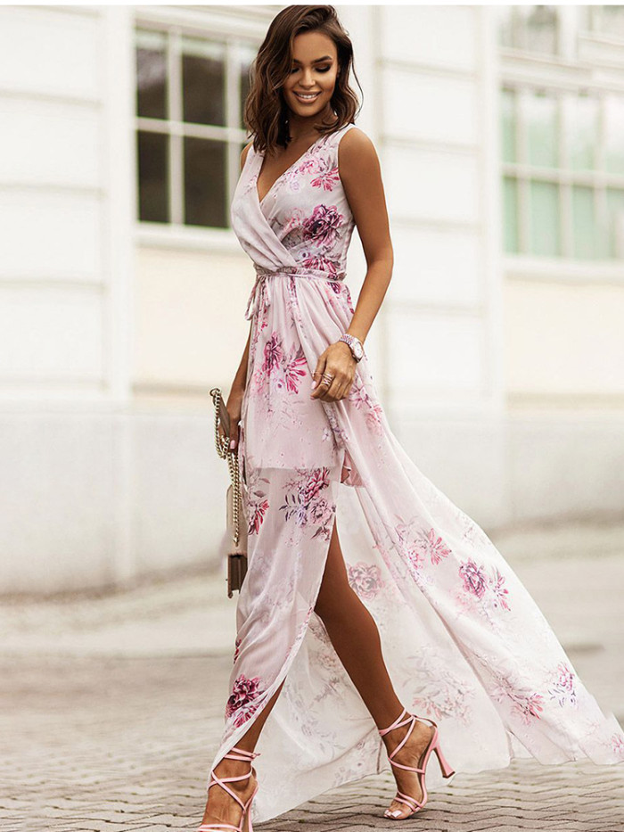 Summer Print Fashion Casual Boho Style V Neck Sleeveless Party Maxi Dress