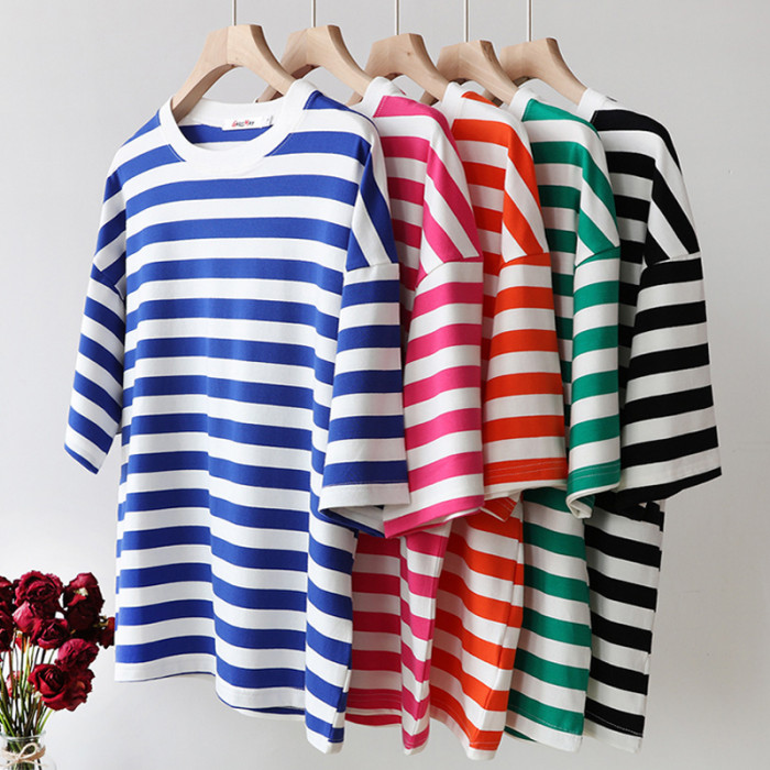 Casual Round Neck Loose Elegant Striped Print Office Ladies T-Shirts
