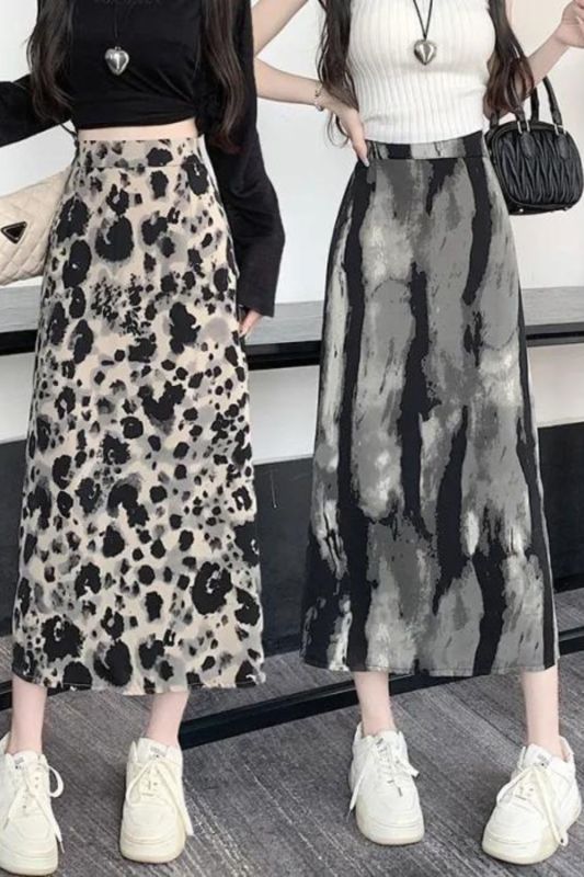 Fashion Sexy Leopard Print Slit Summer High Waist A-Line Bag Hip Mid Skirts