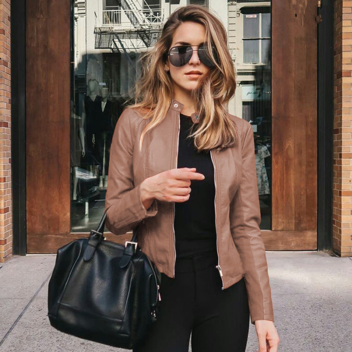 Women's PU Leather Jacket Solid Color Fashion Slim Short Coat