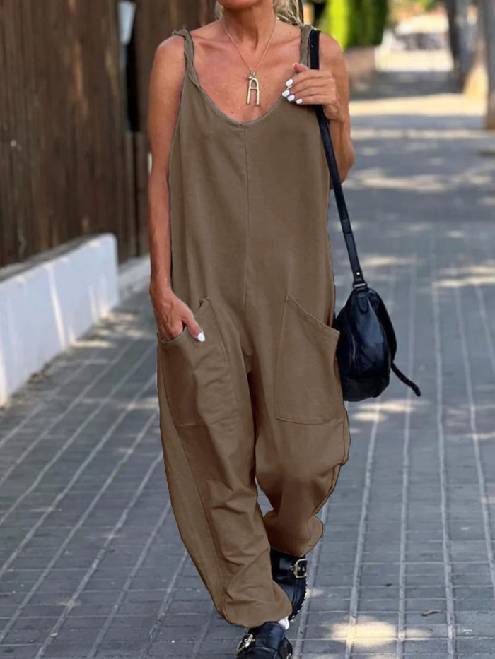 Women's Loose Suspenders Summer Solid Color Pocket Casual Jumpsuit