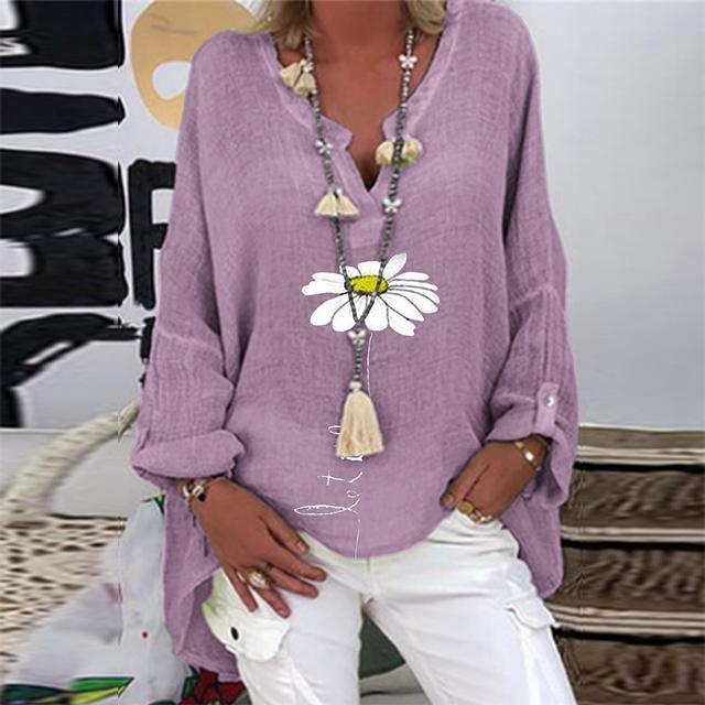 Casual V Neck Linen Cotton Elegant Print Long Sleeve Loose Blouses & Shirts