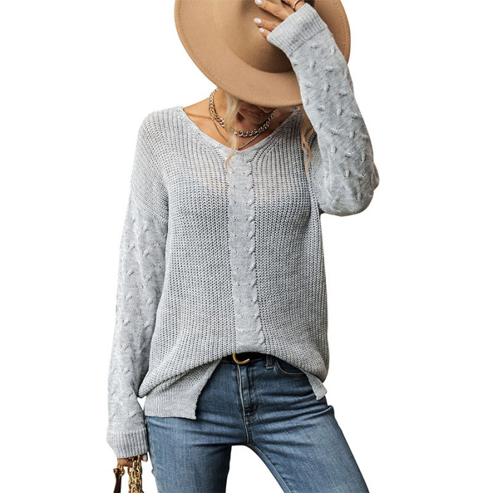Women's Fashion Casual V Neck Long Sleeve Knitted Sweater