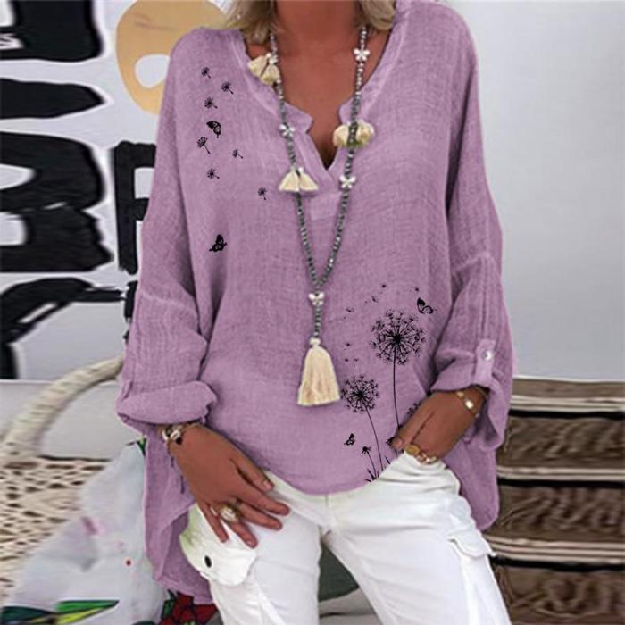 Casual V Neck Linen Cotton Elegant Print Long Sleeve Loose Blouses & Shirts