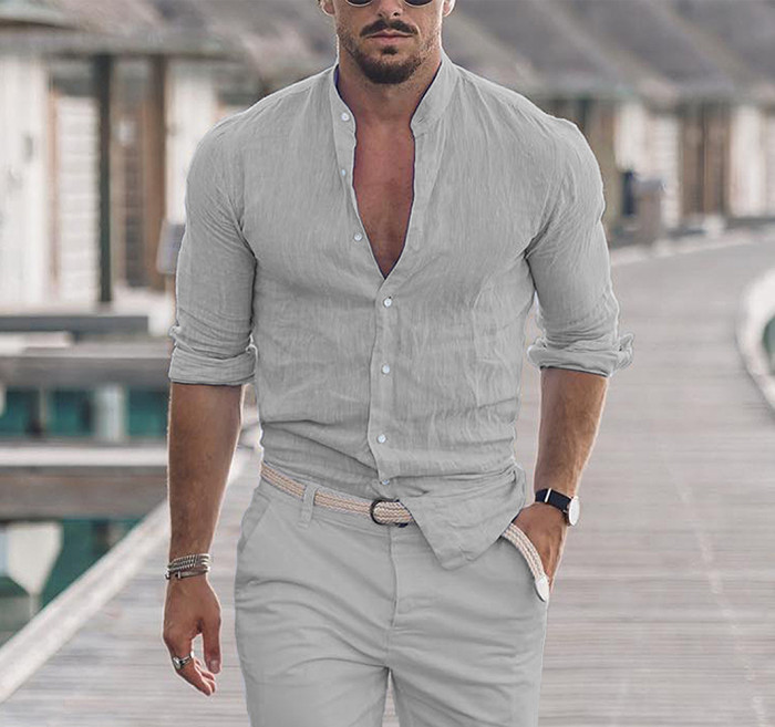 Men's Casual Cotton Linen Turtleneck Solid Color Long Sleeve Loose TopT Shirts