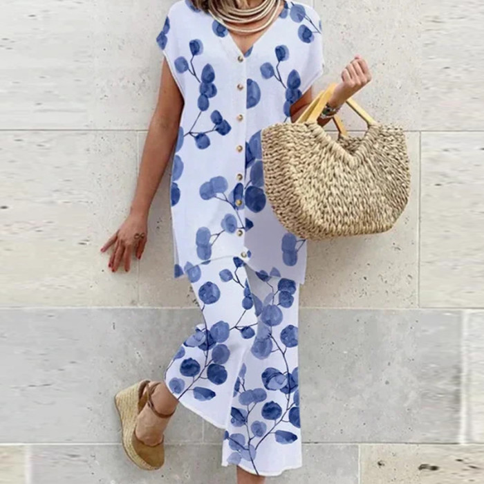 Casual Short Sleeve Fashion Pattern Print Beach Summer V Neck Loose Two Pieces Suit