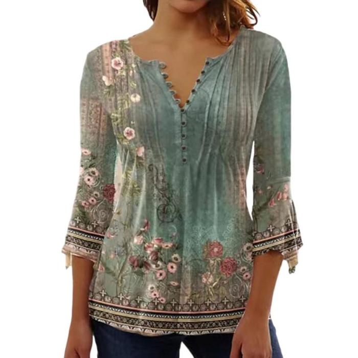 Trendy Floral Print Trendy V Neck 3/4 Sleeve Elegant Casual Chic Blouses & Shirts