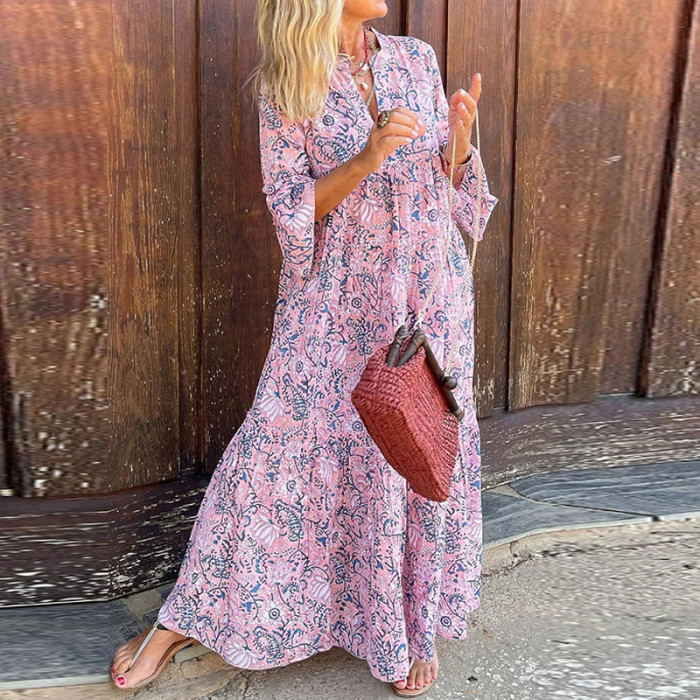 Fashion Office Floral Print V Neck Loose Party Summer Beach  Maxi Dress