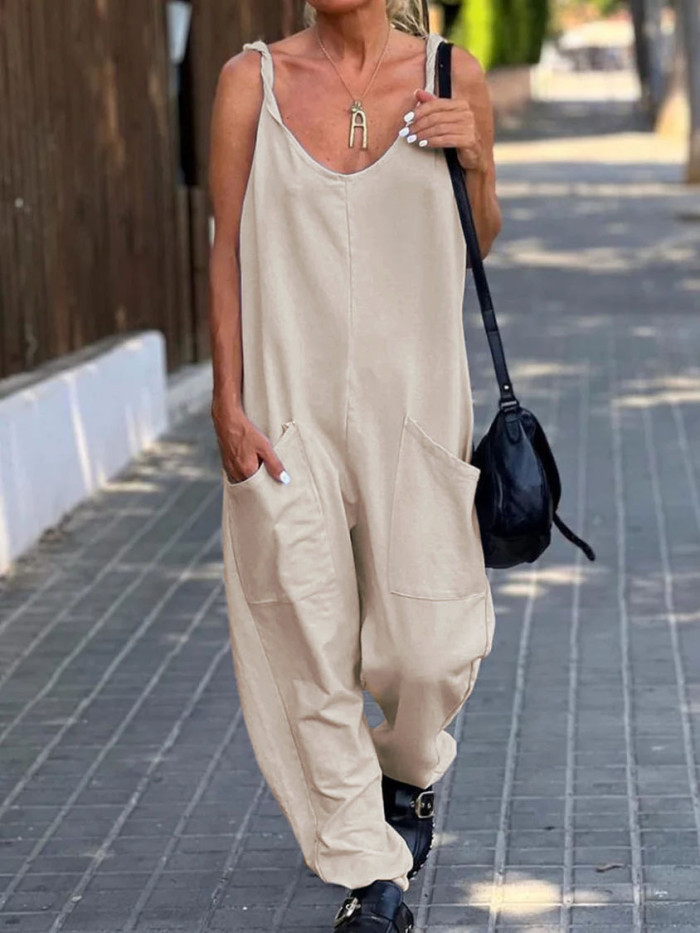 Women's Loose Suspenders Summer Solid Color Pocket Casual Jumpsuit