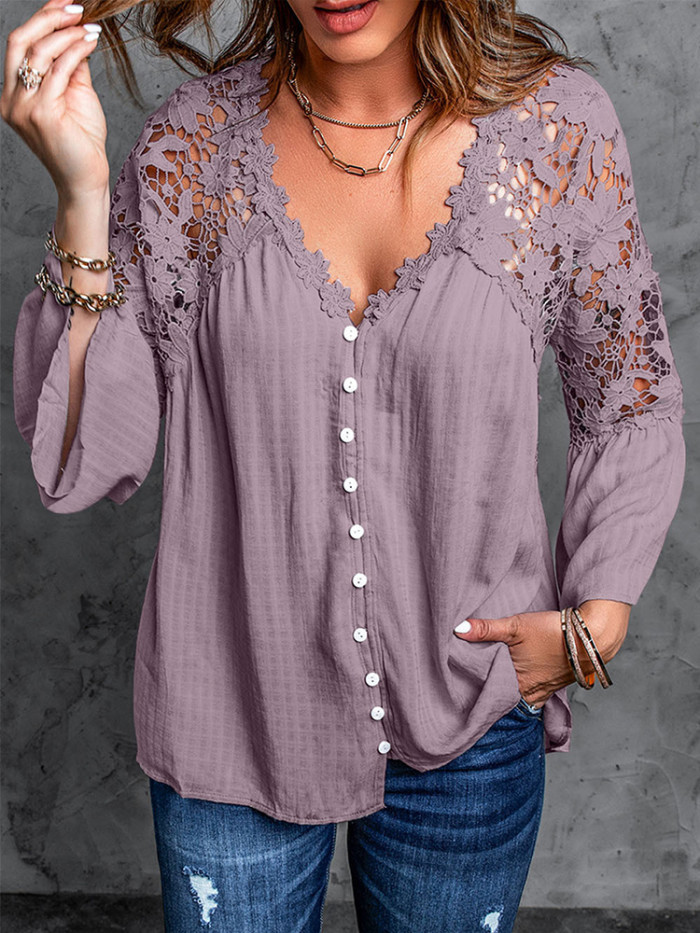 Fashion Elegant Summer Tops Lace Long Sleeve Hollow Out Blouses & Shirts