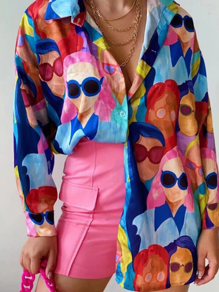 Casual Print Elegant Fashion Long Sleeve Lapel Loose V Neck  Blouses & Shirts