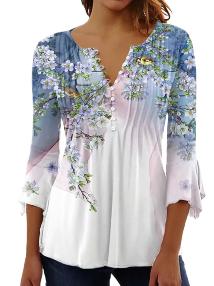 Trendy Floral Print Trendy V Neck 3/4 Sleeve Elegant Casual Chic Blouses & Shirts