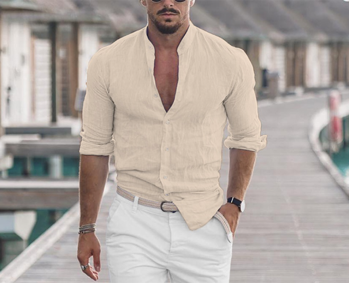 Men's Casual Cotton Linen Turtleneck Solid ColorLoose Blouse & Shirts