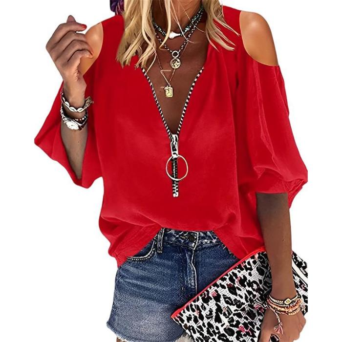 Solid Color Tops Fashion Zipper V Neck 3/4 Sleeves Elegant  Casual  Blouses & Shirts
