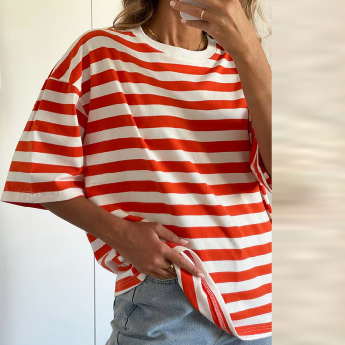 Casual Round Neck Loose Elegant Striped Print Office Ladies T-Shirts