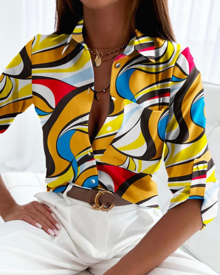 Women's Tops  Printed Single Breasted Graphic V-Neck Blouses & Shirts