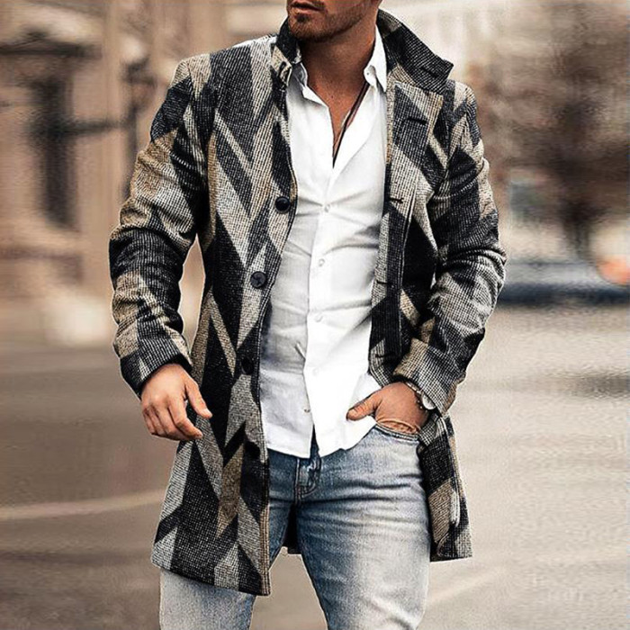Men's Fashion Graphic Printed Casual Lapel Button Down Wool Coat