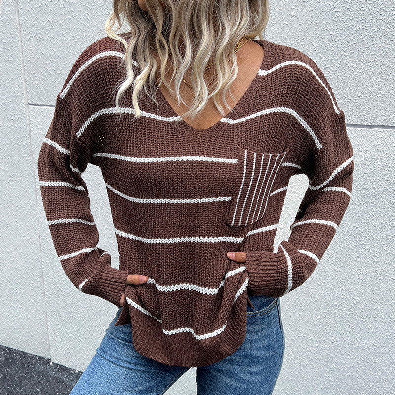 Women's Pullover Casual Fashion V Neck Knitted Striped Sweater