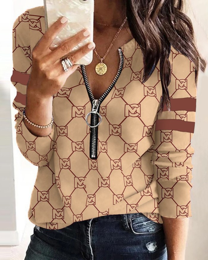 Women's Fashion Digital Printing Zipper Long Sleeve Casual Sweatshirts