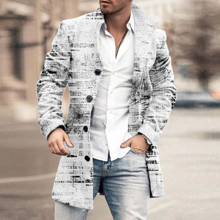 Men's Fashion Graphic Printed Casual Lapel Button Down Wool Coat