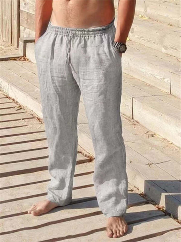 Men's Cotton Linen Male Breathable Solid Color Trousers