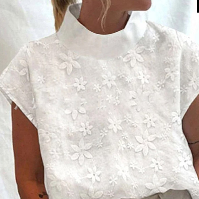 Vintage Embroidered Turtleneck Casual Half Sleeve Fashion Cotton Linen Blouses & Shirts