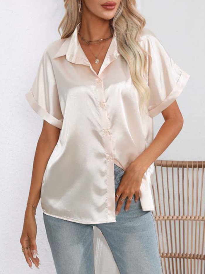 Summer Satin White Loose Button Short Sleeve Blouses & Shirts