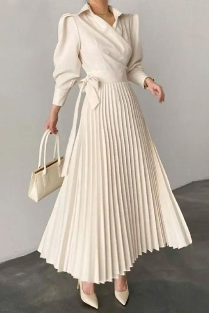 Fashion Solid Color Elegant Lapel Pleated A-Line Office Maxi Dress